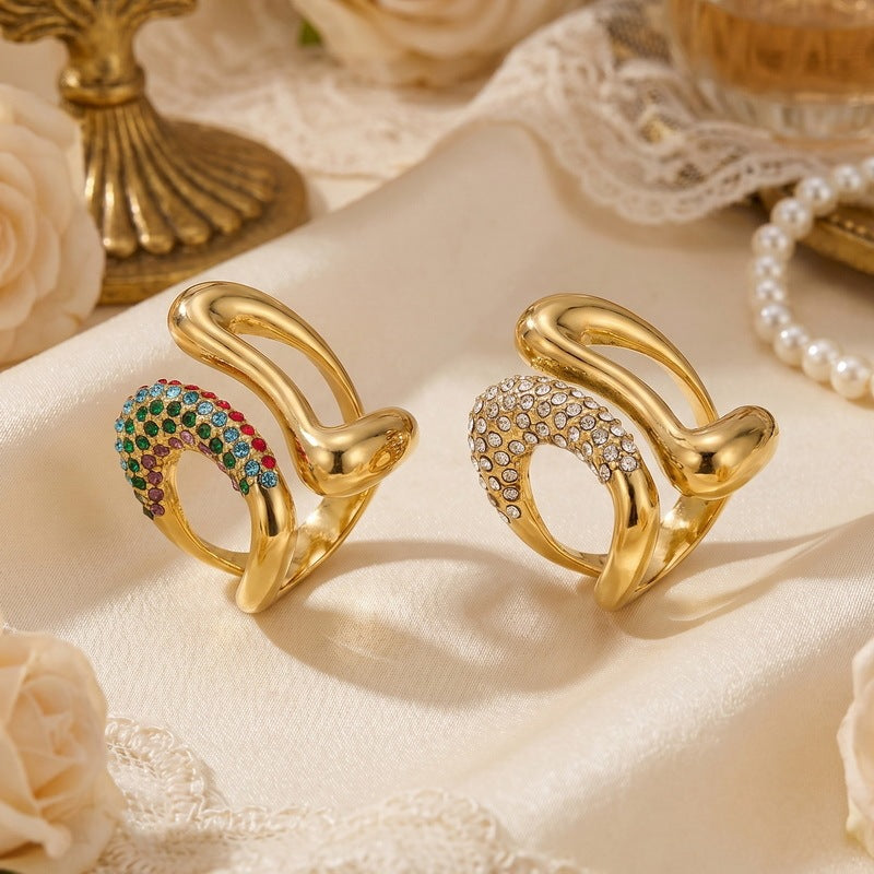 Hip Hop Double Twisted Hollow Zircon Ring French Niche Design Curve Stainless Steel