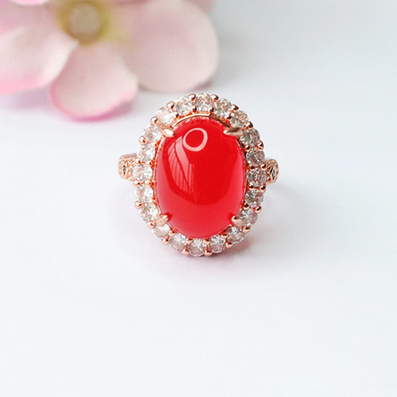 Pigeon Blood Red Agate Sterling Silver Ring with Zircon Halo