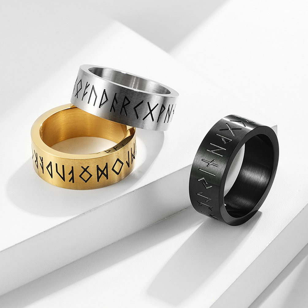 Planderful Nordic Viking Ring Bold for Men Matte Brushed Titanium Steel Jewelry with Pirate Text Design