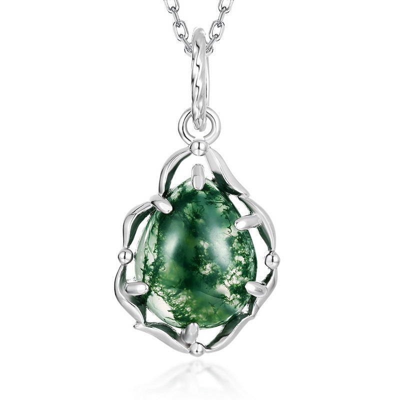 Planderful Jewelry Minimalist Green Moss Agate Pendant Necklace In Sterling Silver Geometric Clavicle Chain