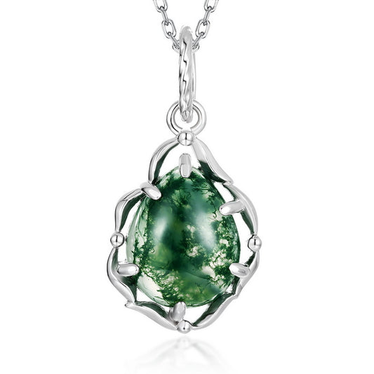 Planderful Jewelry Minimalist Green Moss Agate Pendant Necklace In Sterling Silver Geometric Clavicle Chain