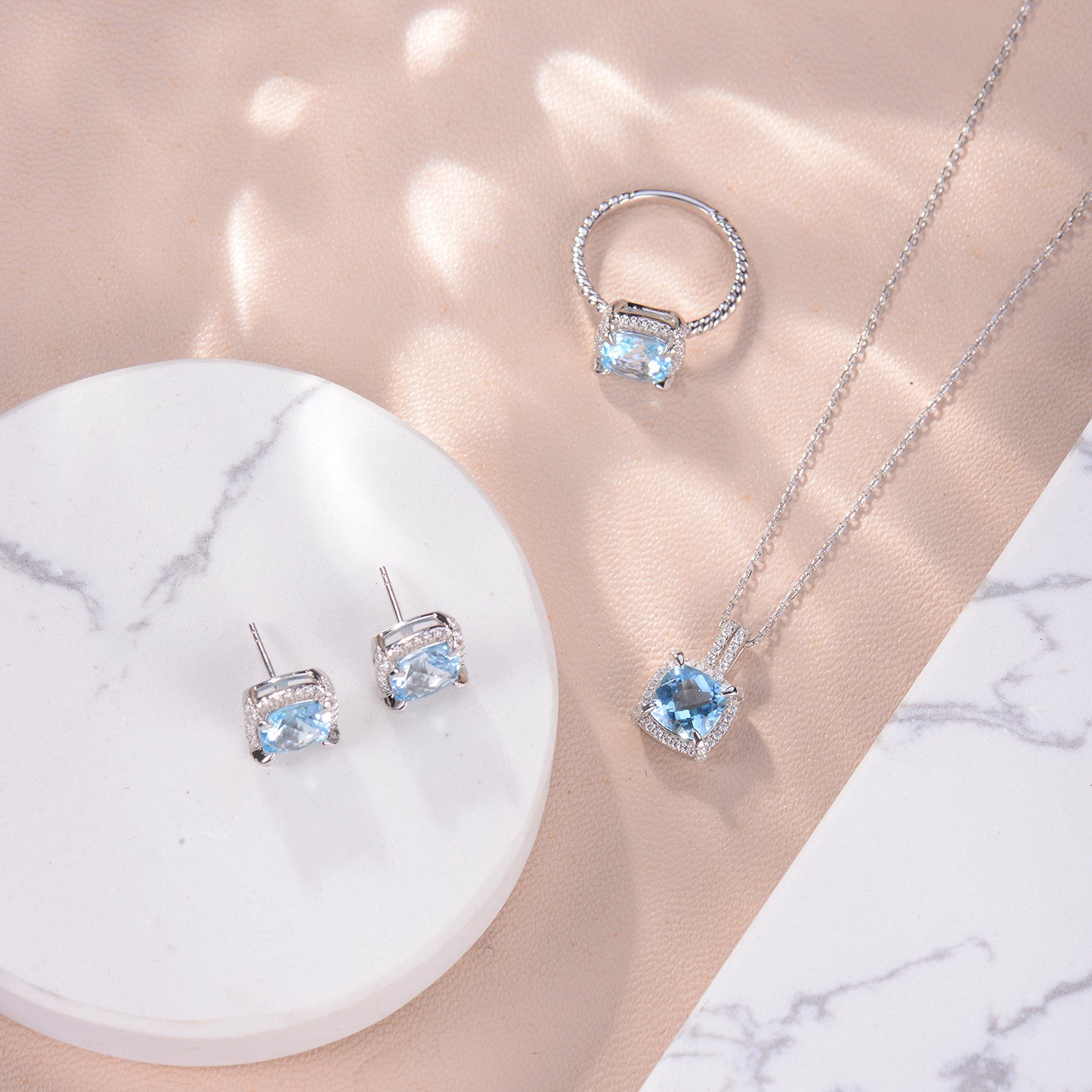 Soleste Halo Square Natural Blue Topaz Silver Stud Earrings