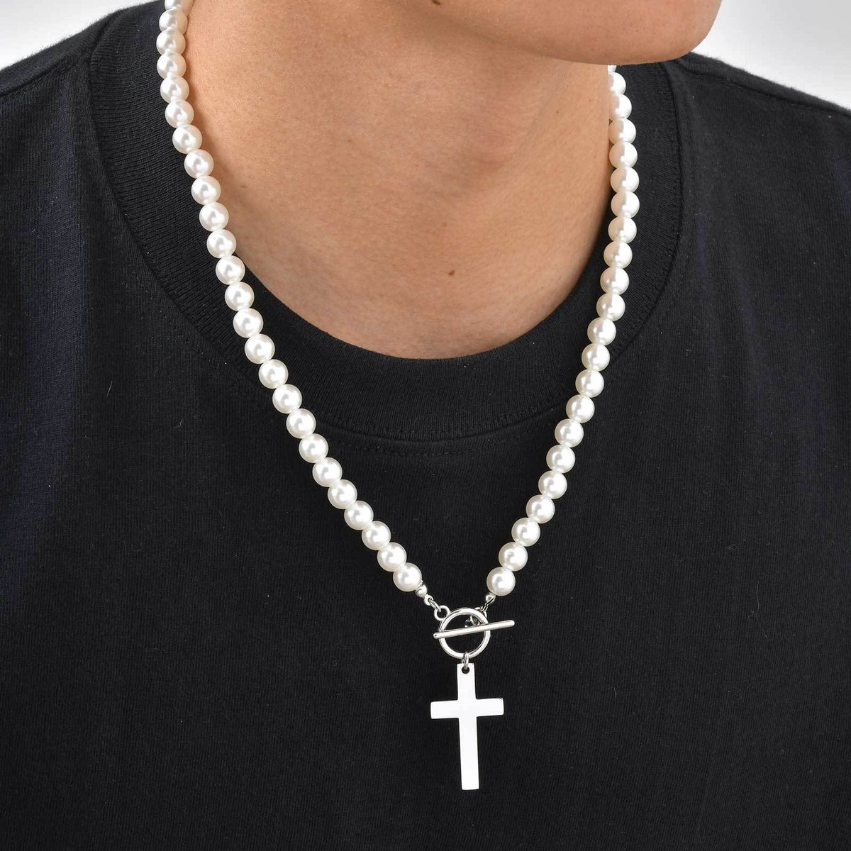 Stainless Steel Kusa Casual Cross Pendant Imitation Pearl Necklace Steel Color