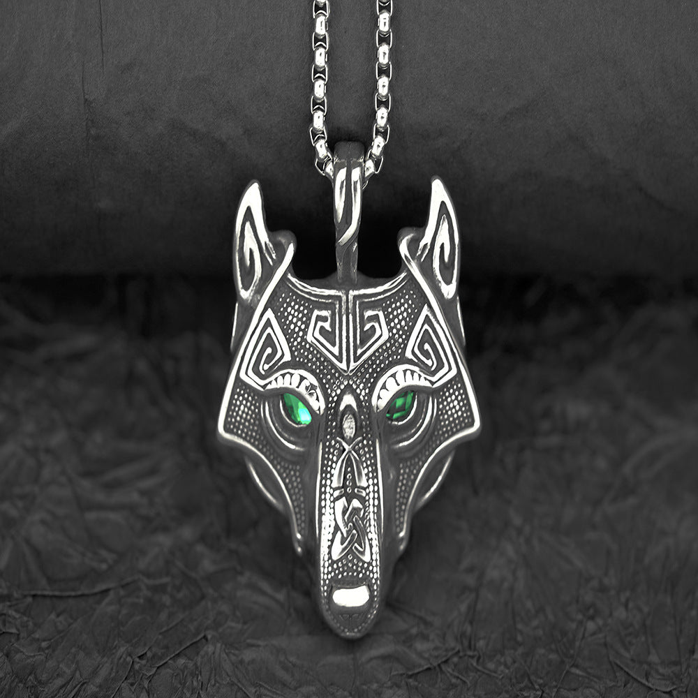 Planderful Titanium Viking Wolf Pendant Bold Unisex Necklace Norse Legacy Multi Color Eye Accent