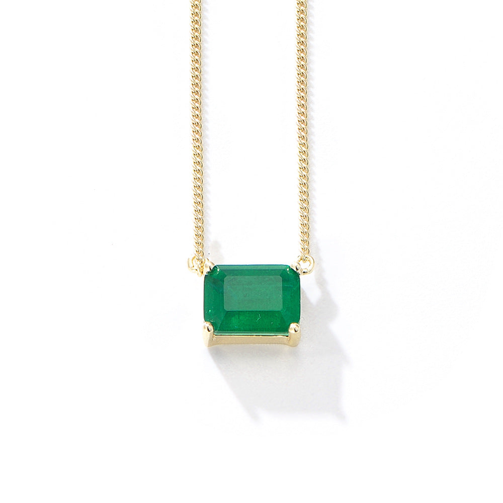 S925 Sterling Silver Square Emerald Colored Gemstone Necklace Sense Single Zircon Necklace