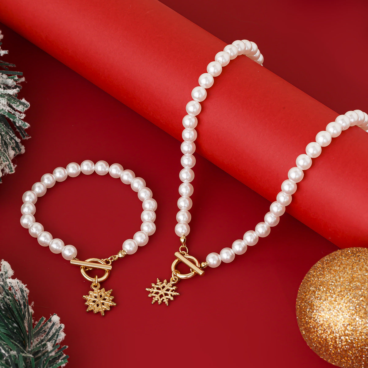Holiday Pearl-Style Necklace & Bracelet Set