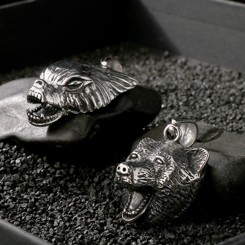 Animal Shape Old, Punk Lion Head Wolf Head Fox Titanium Steel Men's Pendant Necklace