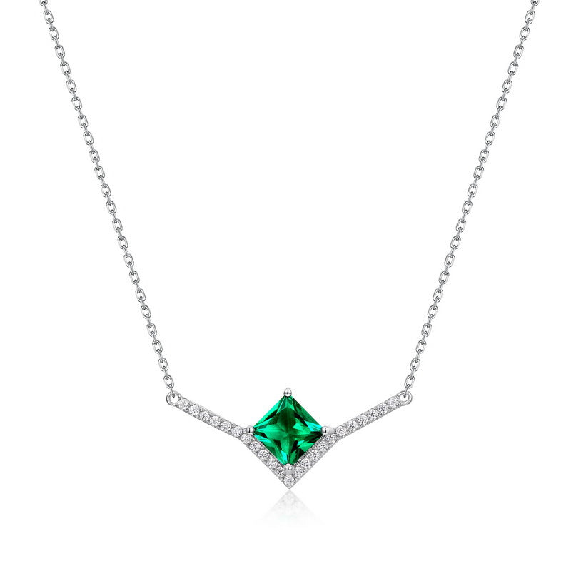 S925 Sterling Silver Lab-Grown Emerald Geometric Necklace
