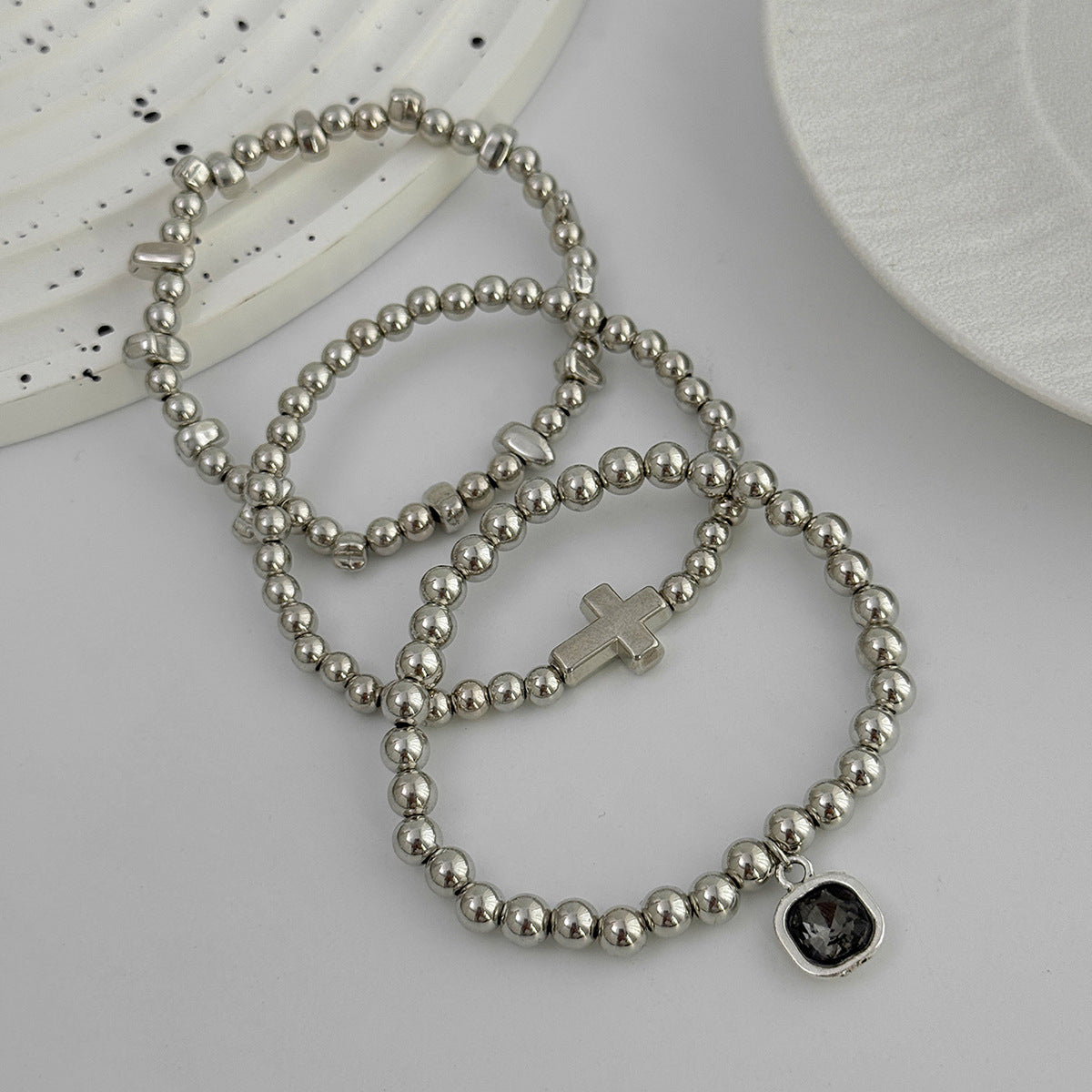 Planderful Vienna Verve Elastic Silver Beaded Bracelet Set With Personalized Gray Stone Pendant Cross For Her