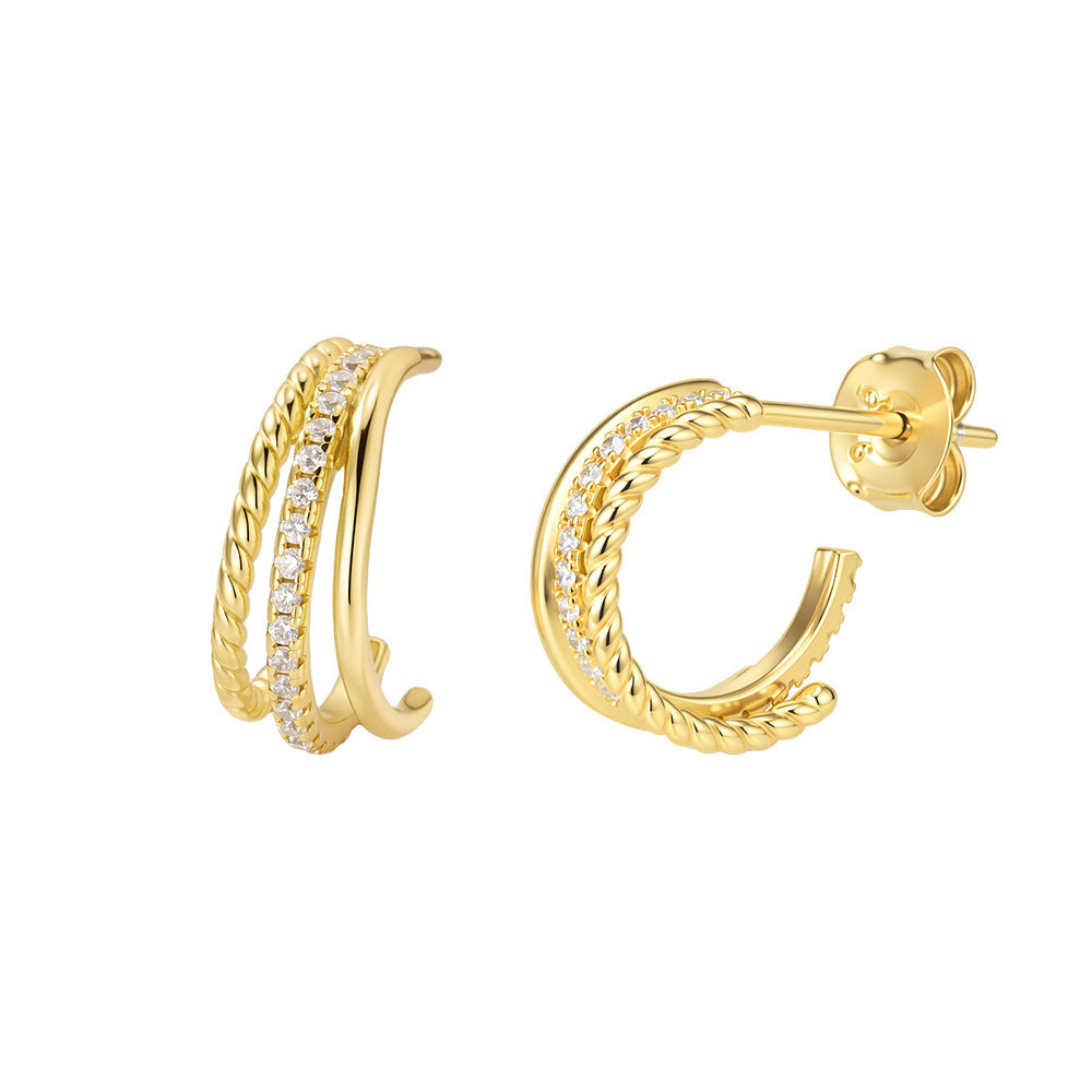S925 Sterling Silver C-Shaped Hollow Zircon Stud Earrings