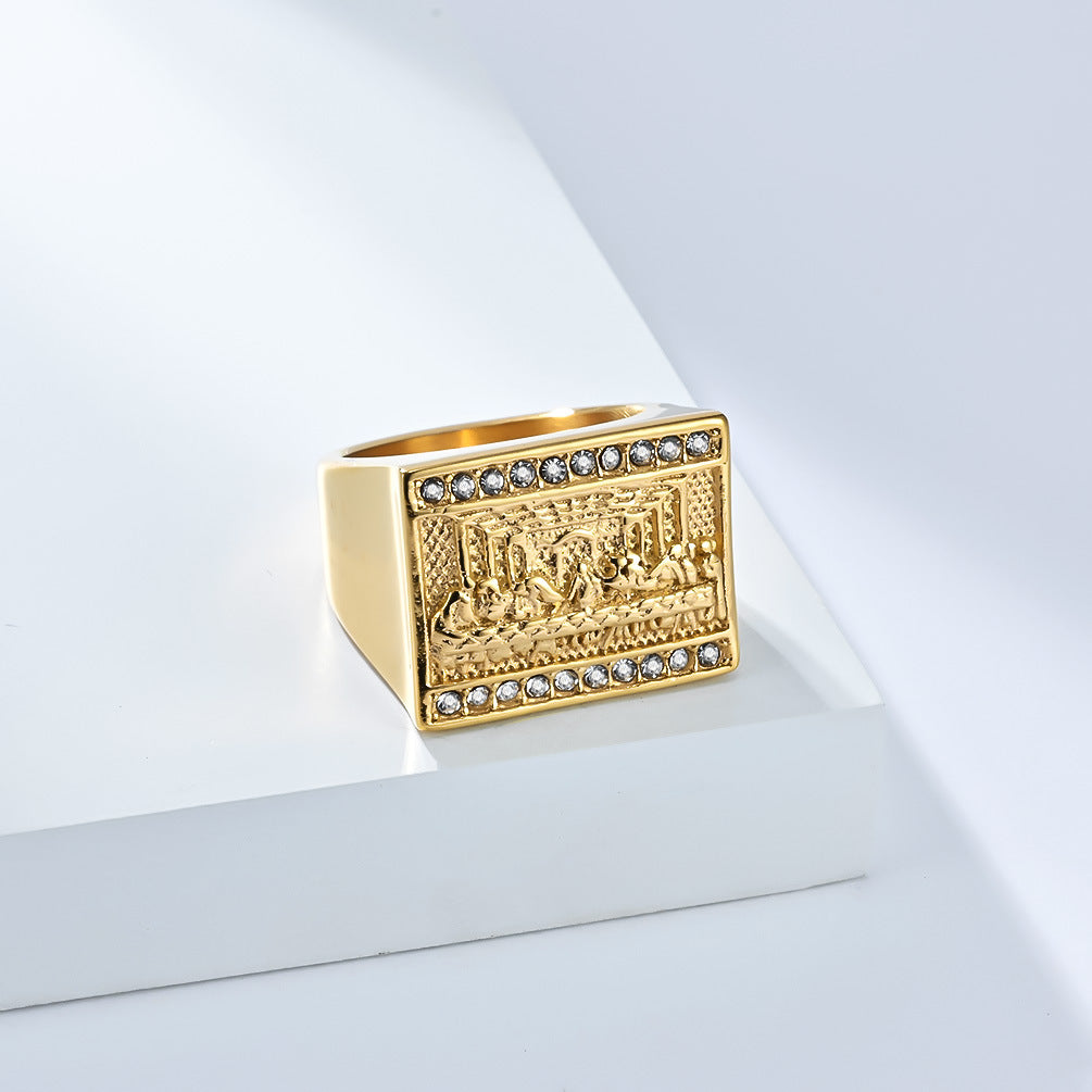 Planderful Hip Hop Ring For Men Last Supper Titanium Steel 18K Gold Plated Personalized Jewelry