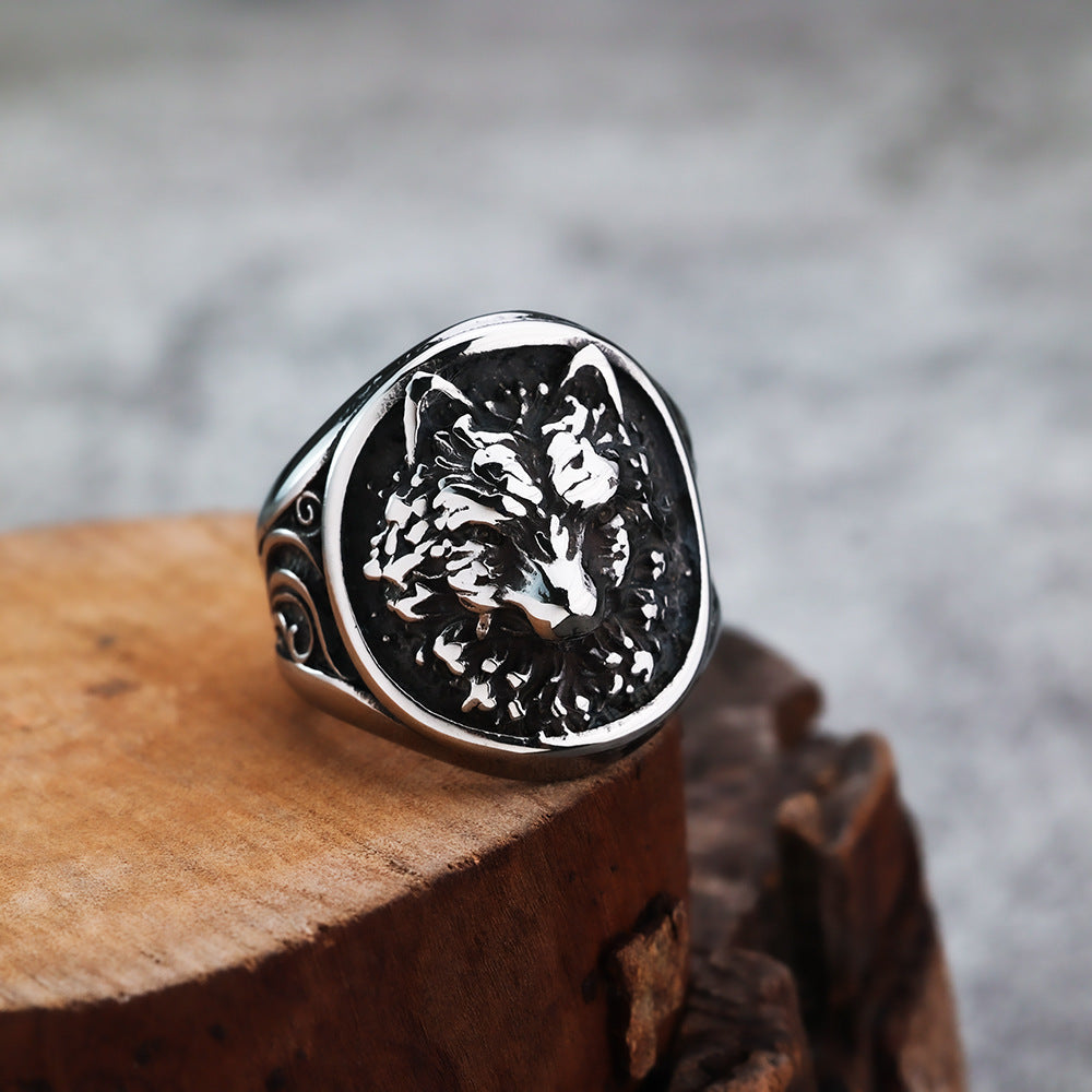 Titanium Steel Retro Viking Animal Wolf Head Ring for Men
