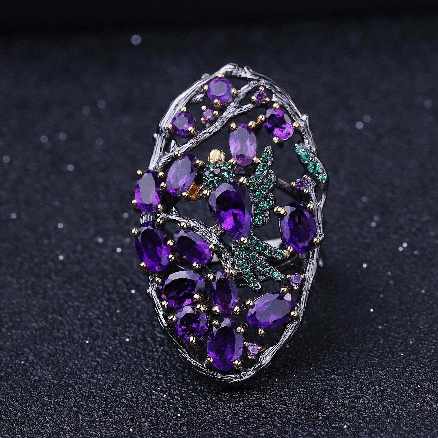 Bird In Jungle Natural Amethyst Oval Silver Ring