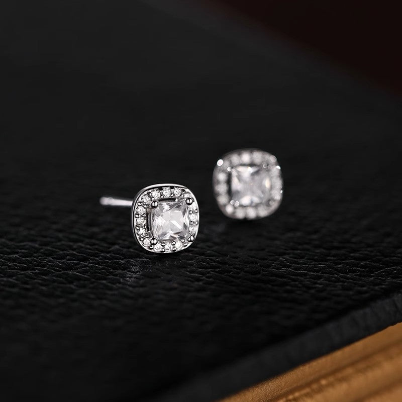 925 Sterling Silver Super Flash Zircon Sugar Cube Stud Earrings