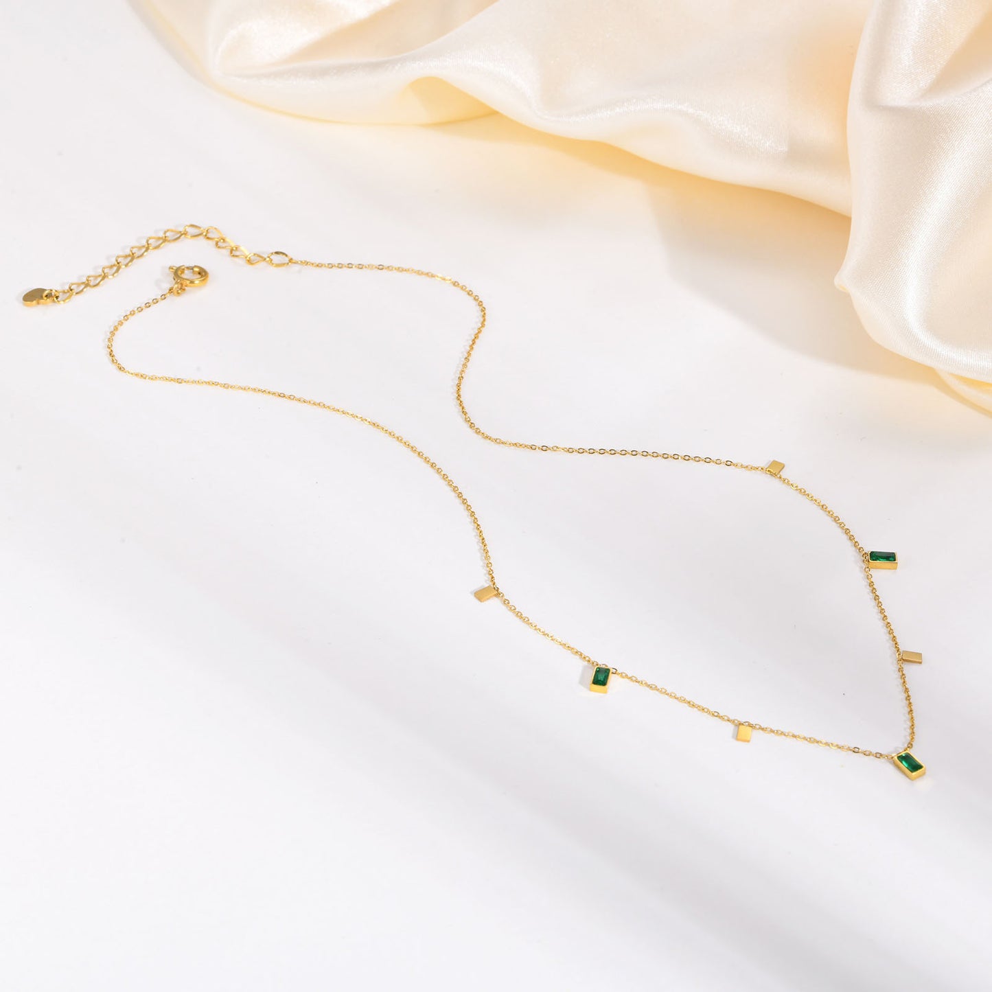 Stainless Steel Green Zircon Rectangular Necklace Gold Female