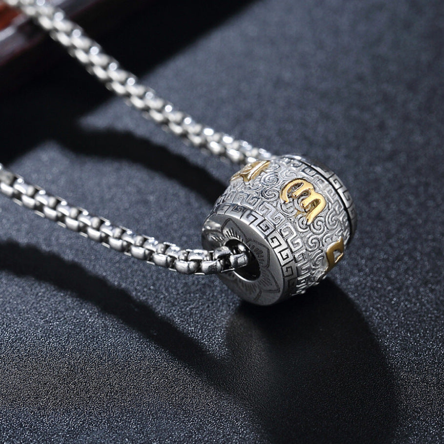 Planderful Mens Stainless Steel Necklace For Men With Rotating Mantra Beads Kinetic Pendant