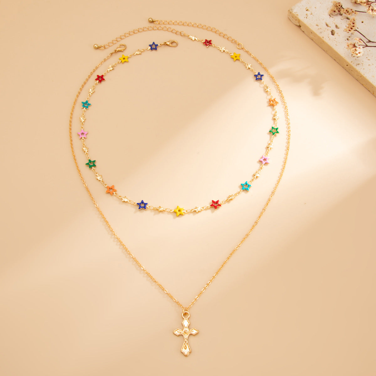 Colorful Floral Cross Layered Necklace