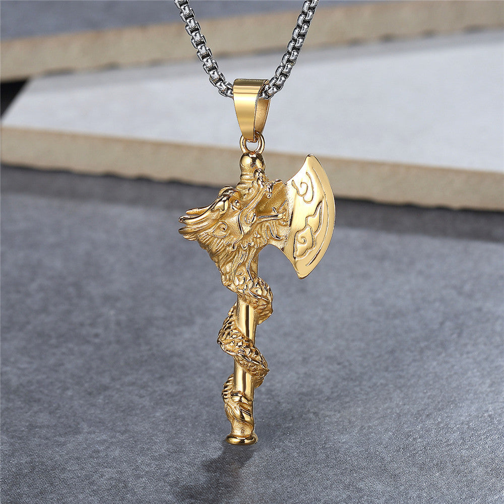 Planderful Nordic Dragon Axe Stainless Steel Necklace For Men And Women Hip Hop Style Protection Pendant