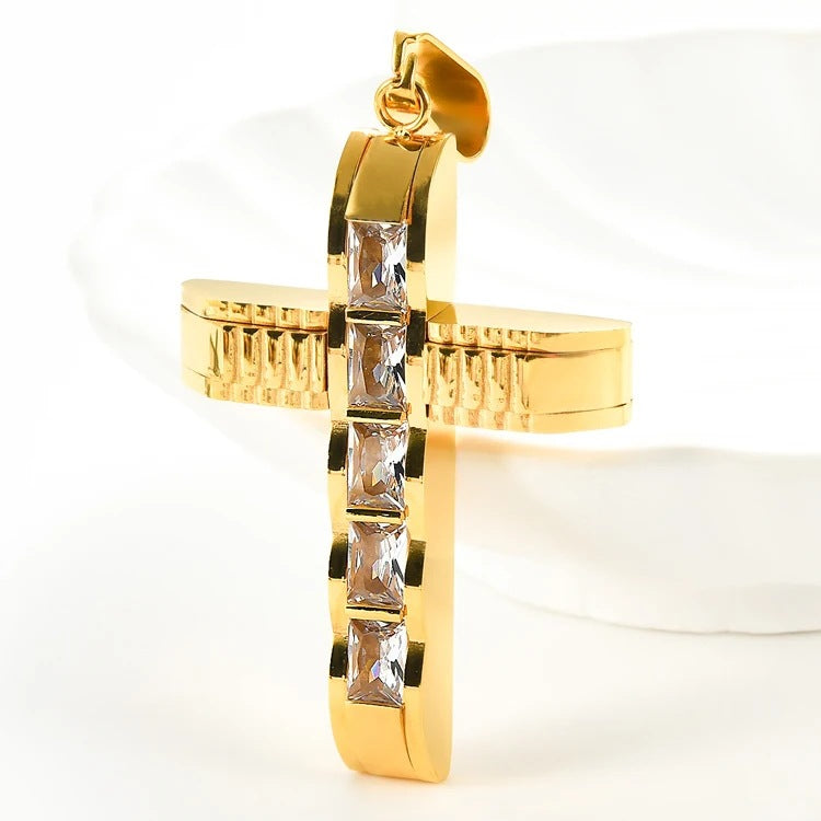 1. Planderful Everyday Genie Mens Cross Pendant Necklace In Stainless Steel With Zircon Inlay