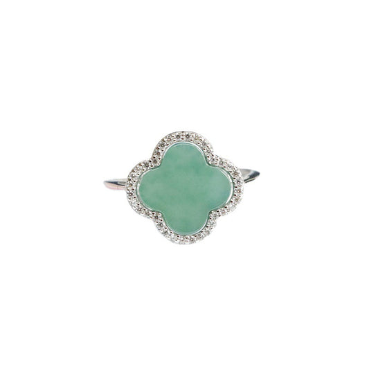 Natural Ice Blue Green Jade Sterling Silver Clover Ring