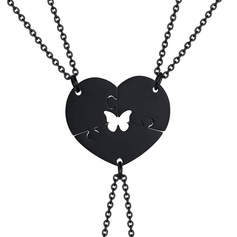3-Person Stainless Steel Hollow Butterfly Heart Necklace Black