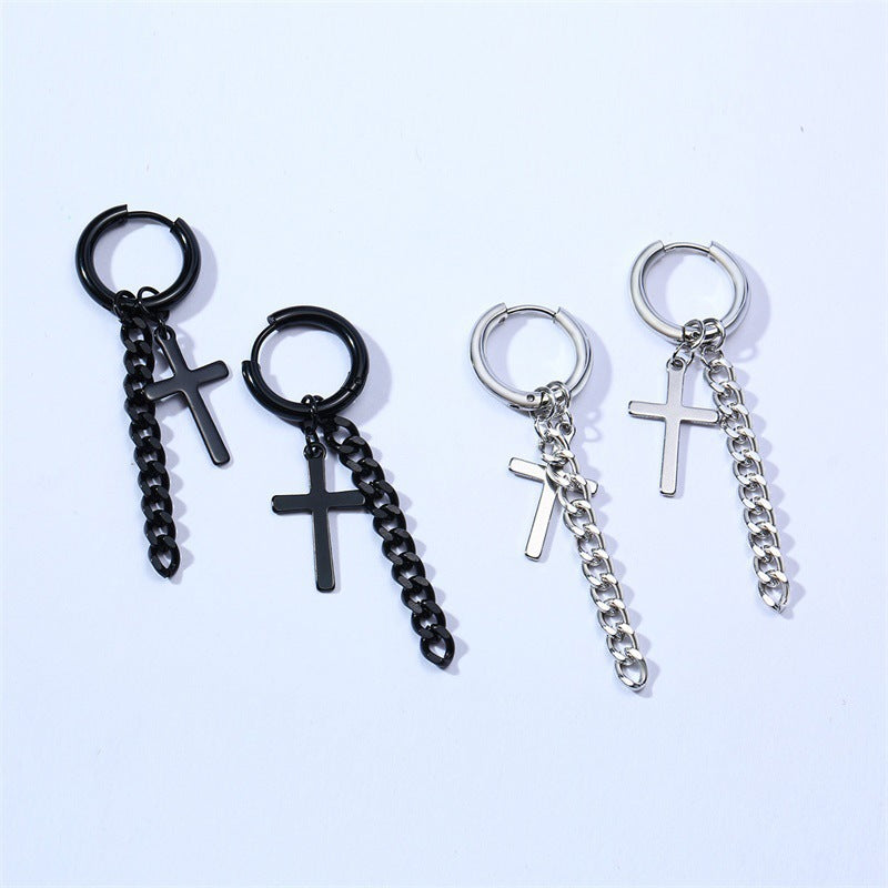 Cross & Chain Hoop Earring — Silver or Black