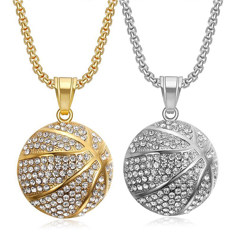 Planderful Basketball Pendant Necklace Premium Gold Plated Stainless Steel With Zircon For Hip Hop Fans