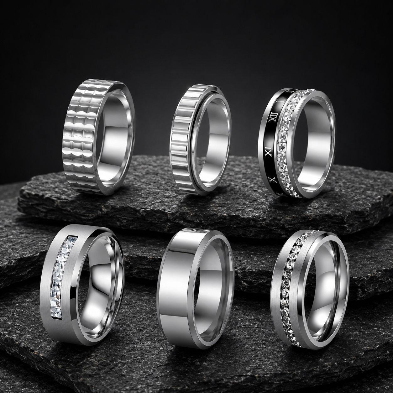 Stainless Steel Ring Set With Wavy Gear Pattern Inlaid Zircon Roman Numerals Unisex Planderful Everyday Genie