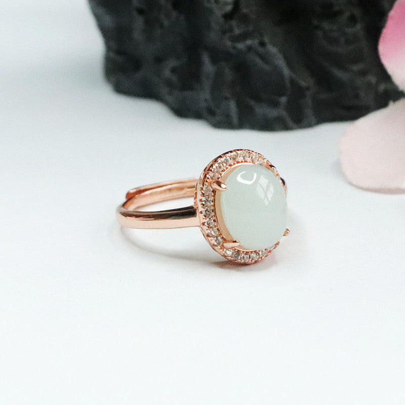 Sterling Silver Oval Jadeite Zircon Halo Ring