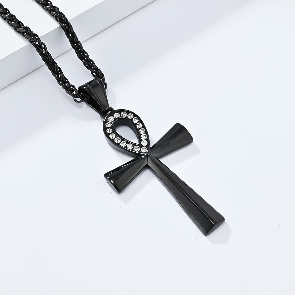 Planderful Ankh Zircon Cross Necklace For Men Titanium Steel Pendant With Inlaid Zircon Stones
