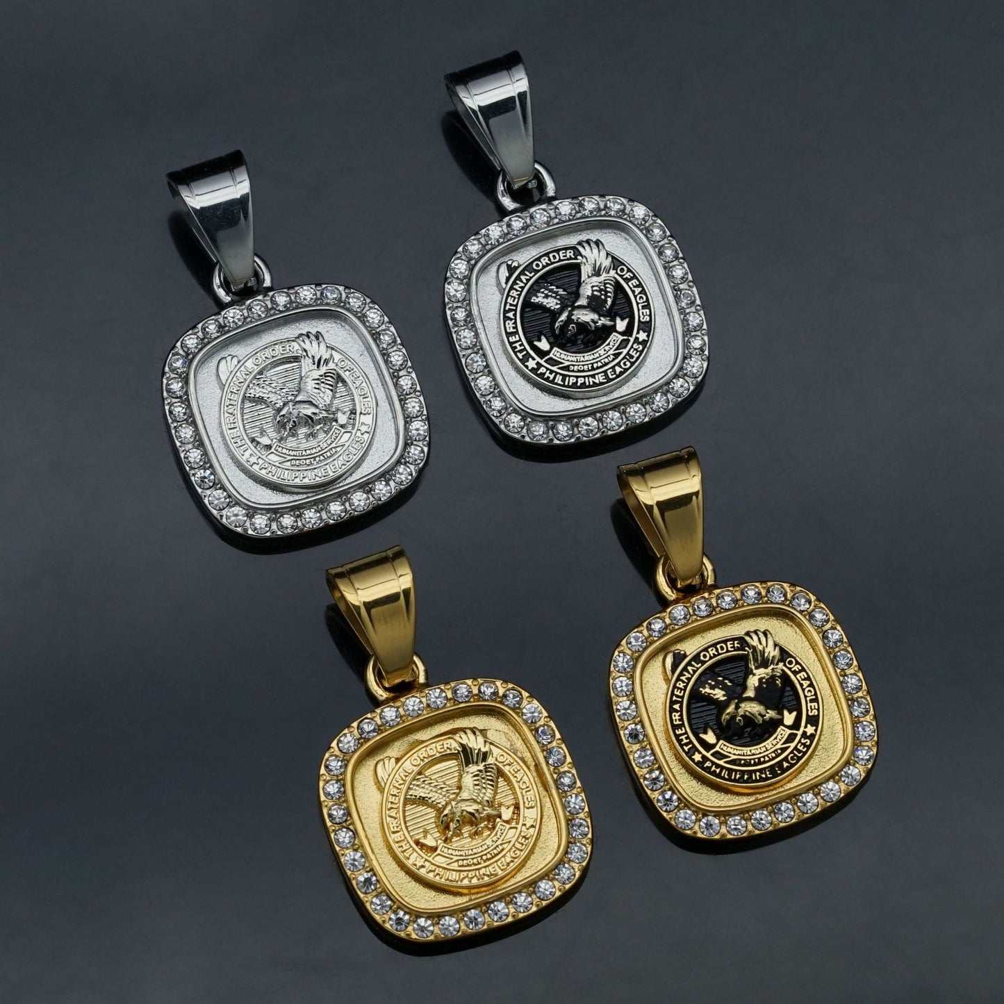 Planderful Square Eagle Pendant Necklace Unisex Gold Plated Zircon Stainless Steel Protection Statement Piece