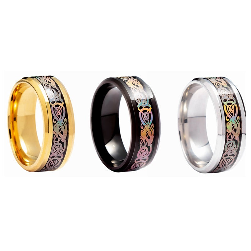 Dragon Pattern Titanium Steel Ring - Colorful Mythical Men's Jewelry