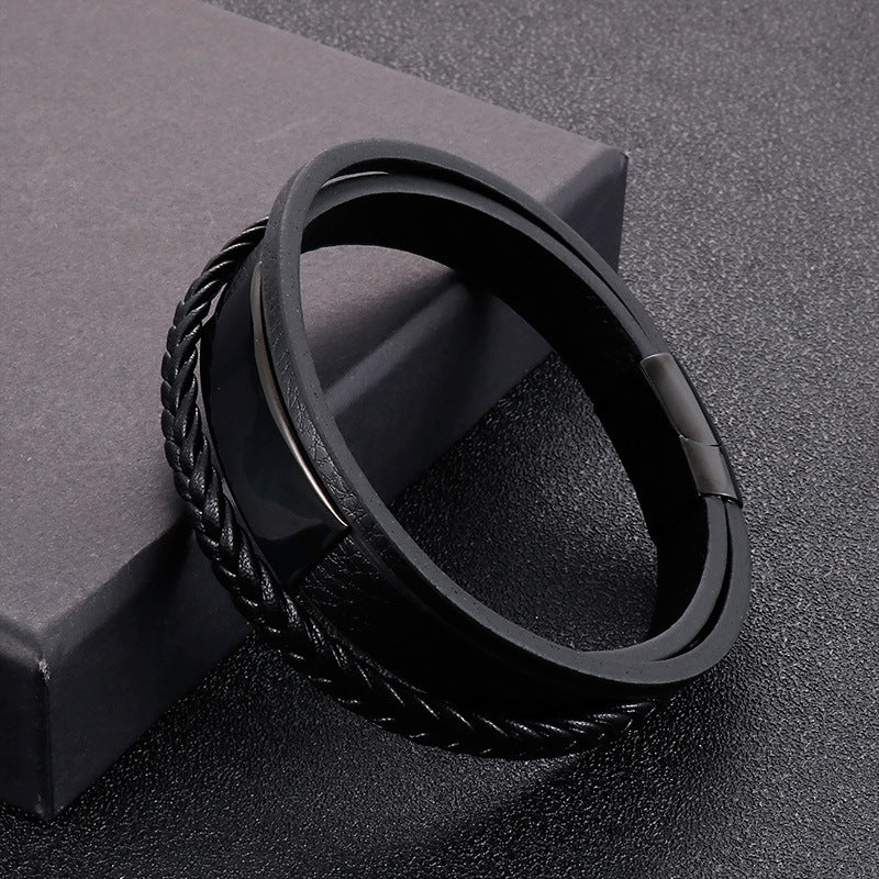 Planderful Everyday Genie Mens Leather Steel Curved Bracelet