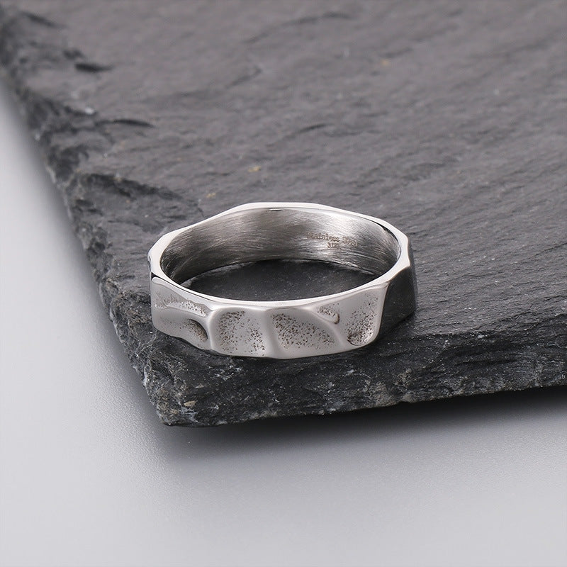 Niche Design Texture Stainless Steel Men's Rings, Trendy Men's Irregular Texture Titanium Steel