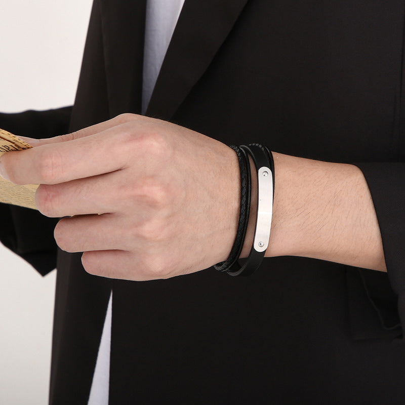 Planderful Mens Stainless Steel Magnetic Leather Bracelet