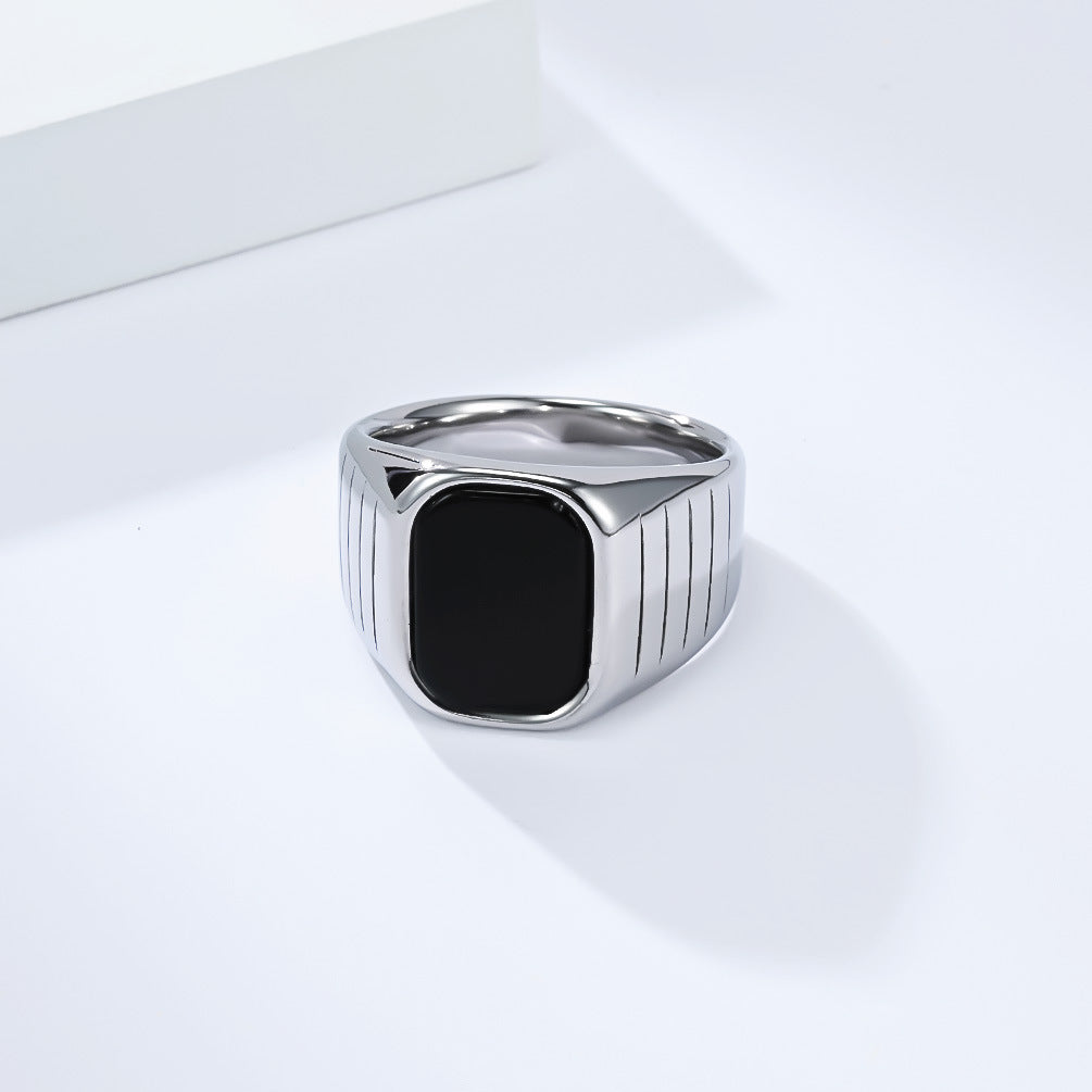 Planderful Men Titanium Steel Ring Black Glass Gem Edition