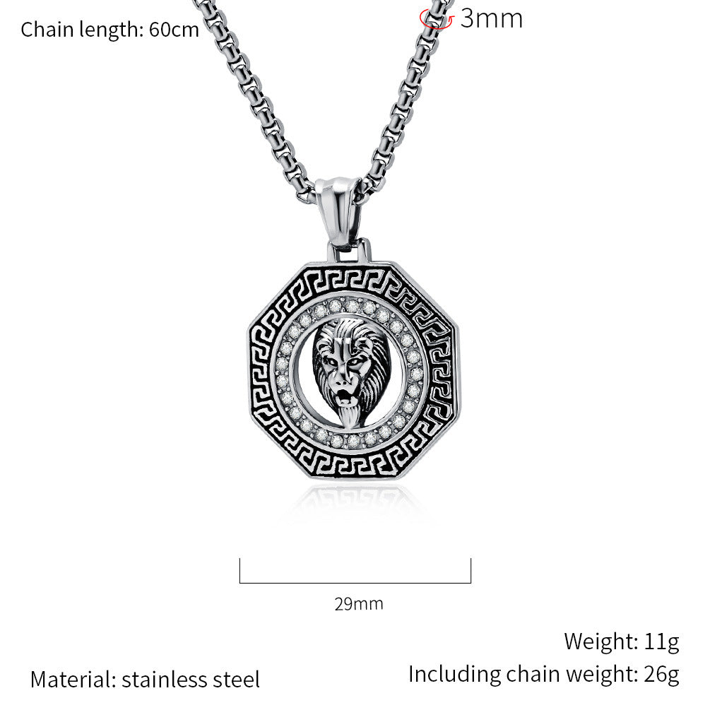 Steel Necklace – Statement Hip Hop Lion Head Zircon Inlay Pendant For Bold Everyday Style