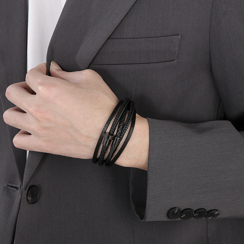 Planderful Leather Rope Bracelet For Men Stainless Steel