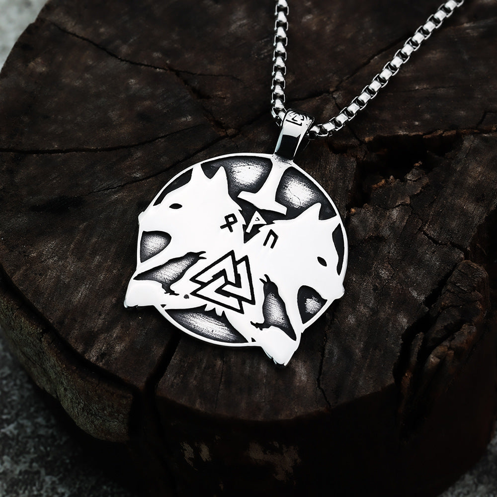 Hip-Hop Viking Double Wolf Head Titanium Steel Necklace