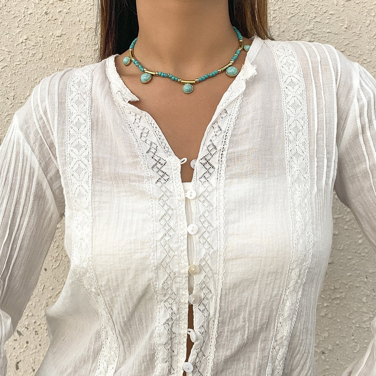 European and American Boho Turquoise Tassel Necklace with Colorful Beads and Alloy Pendant - Pastel Countryside Neckpiece