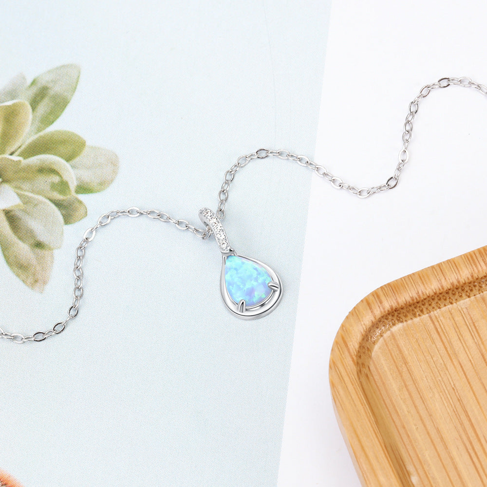 Planderful Jewelry Sterling Silver Opal Necklace With Blue Water Drop Pendant for Everyday Elegance