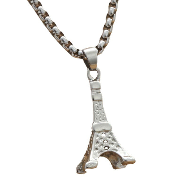 Punk Vintage Stainless Steel Eiffel Tower Pendant Necklace for Men and Women