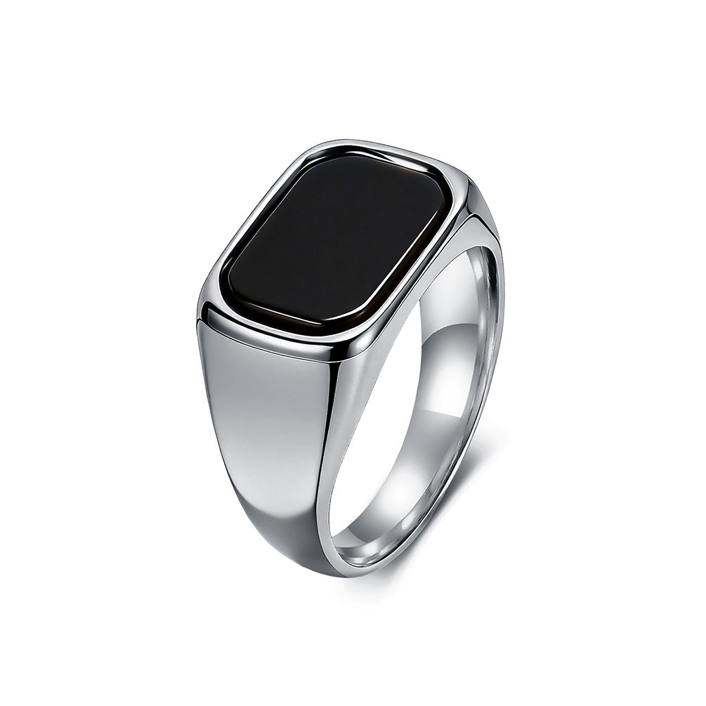 Minimalist Square Black Gemstone Stainless Steel Ring Men's