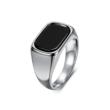 Minimalist Square Black Gemstone Stainless Steel Ring Men's