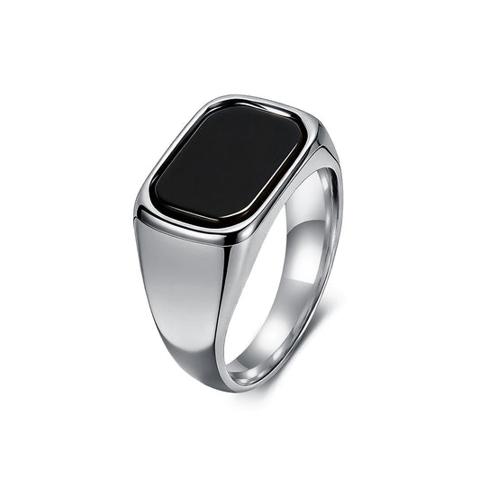 Minimalist Square Black Gemstone Stainless Steel Ring Men's