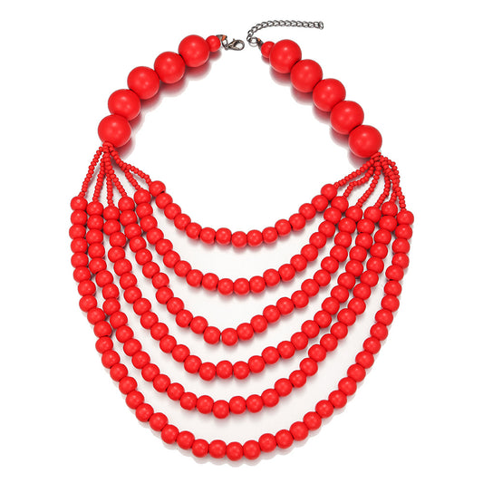 Extravagant Multilayer Wooden Bead Necklace with Black Pendant Women's Statement Jewelry