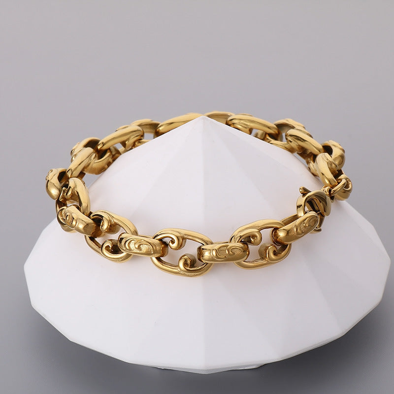 Elegant 18k Gold Floral O-Chain Bracelet for Men - Japanese and Korean Retro Design in Stainless Steel