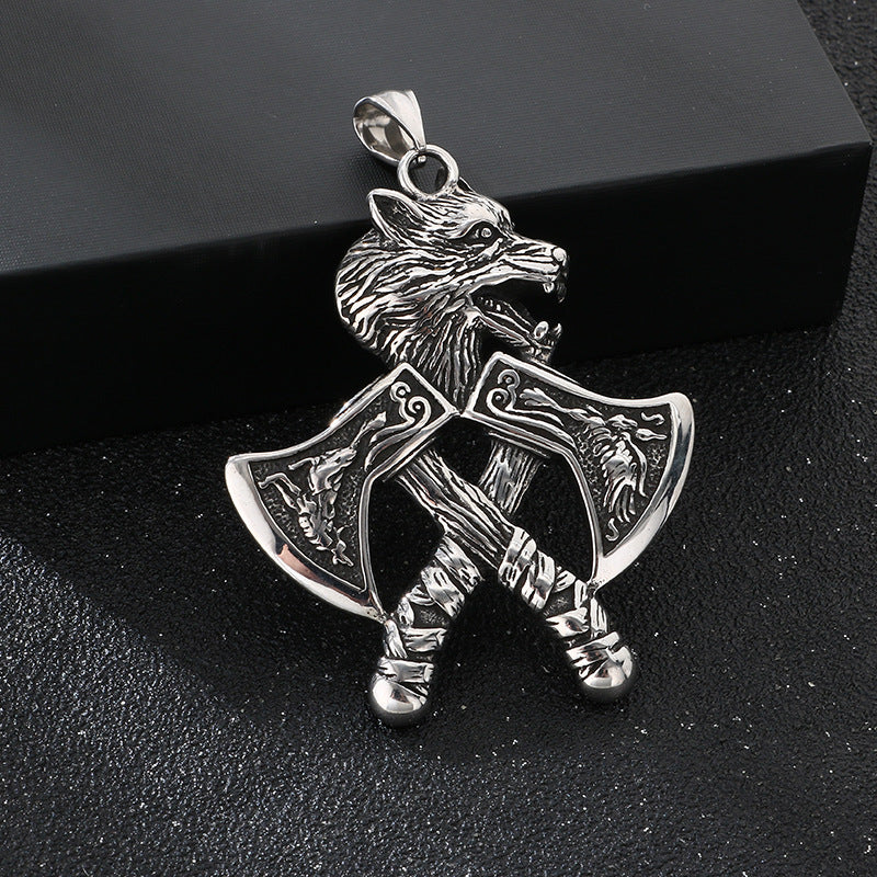 Nordic Viking Wolf Head Tomahawk Pendant, Retro Celtic Knot Warhammer Titanium Steel Necklace
