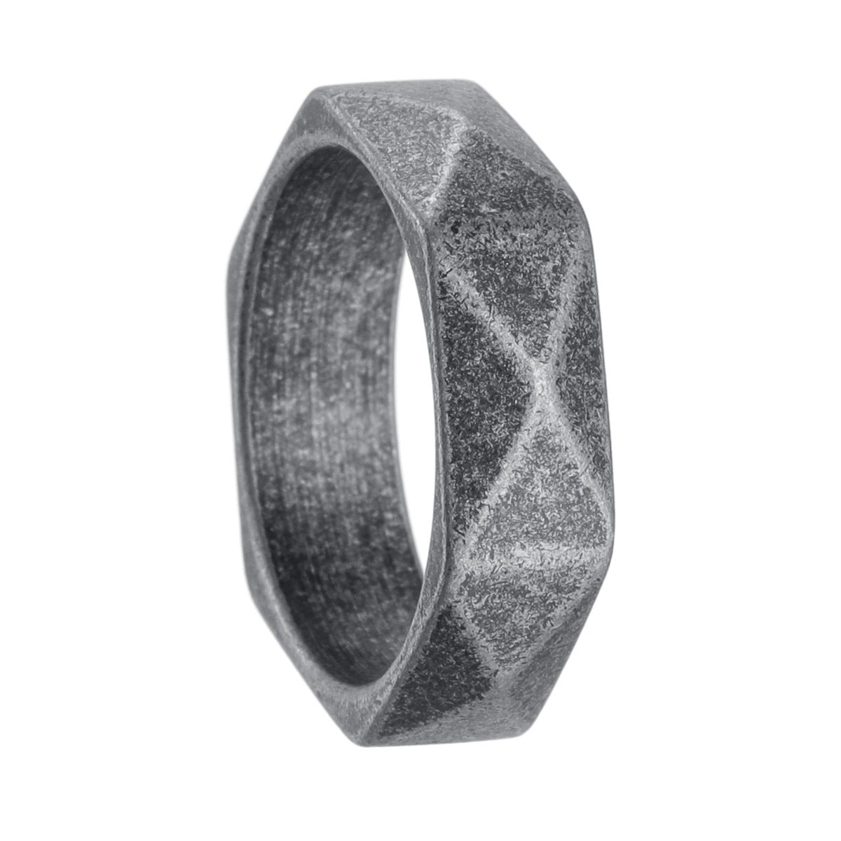 Planderful Titanium Steel Ring Unisex Hipster Rhombus Design With Mechanical Cut Surface Ancient Silver Finish