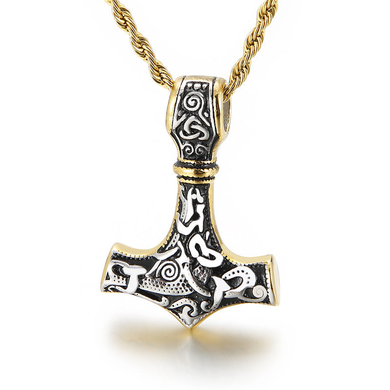 Men's Vintage Thor's Hammer Skull Necklace, Customizable Titanium Steel Pendant, Various Designs Available for Men